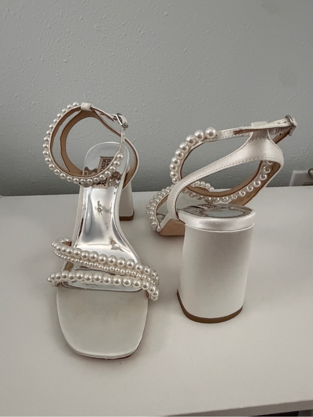 Badgley Mischka White Satin Pearl-Strap Block Heel Sandals